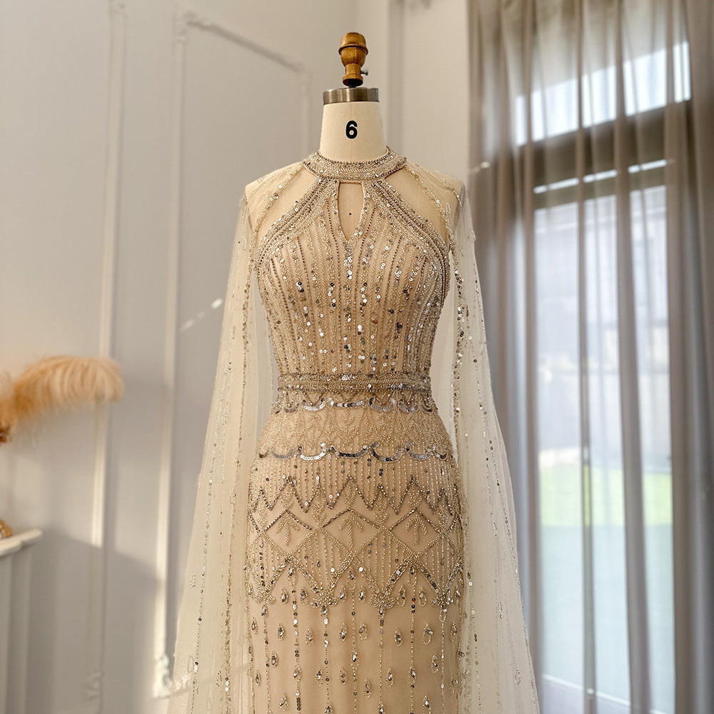 DreamyVow Luxury Dubai Mermaid Pink Evening Dresses with Cape Sleeves 2023 Arabic Women Wedding Guest Formal Party Gowns 361