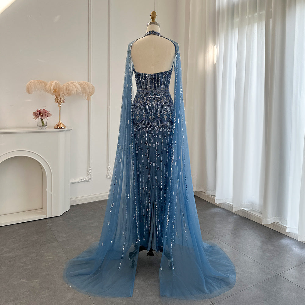 DreamyVow Luxury Dubai Mermaid Pink Evening Dresses with Cape Sleeves 2023 Arabic Women Wedding Guest Formal Party Gowns 361