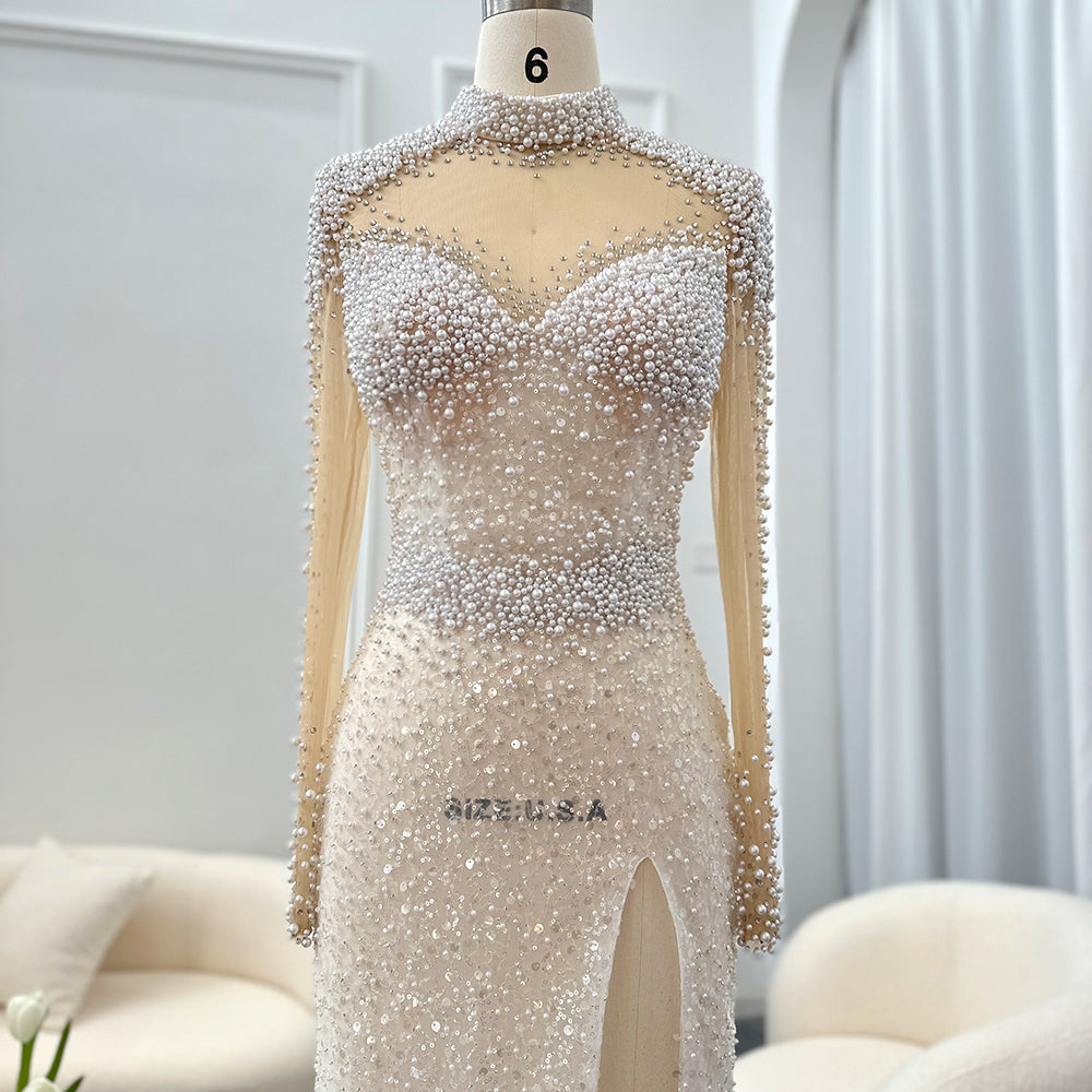 Luxury Pearls Long Sleeves High Slit Cocktail Party Dress RM028