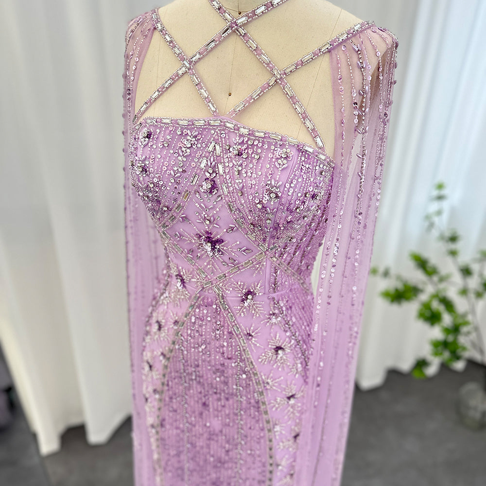 Dreamy Vow Luxury Aqua Lilac Mermaid Evening Dress with Cape Sleeves Criss Cross Women Wedding Party Gowns 391