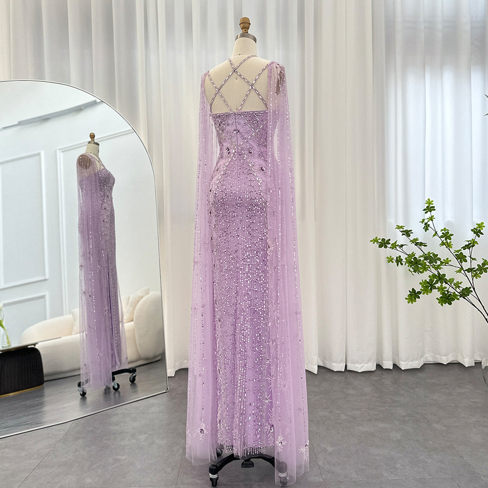 Dreamy Vow Luxury Aqua Lilac Mermaid Evening Dress with Cape Sleeves Criss Cross Women Wedding Party Gowns 391