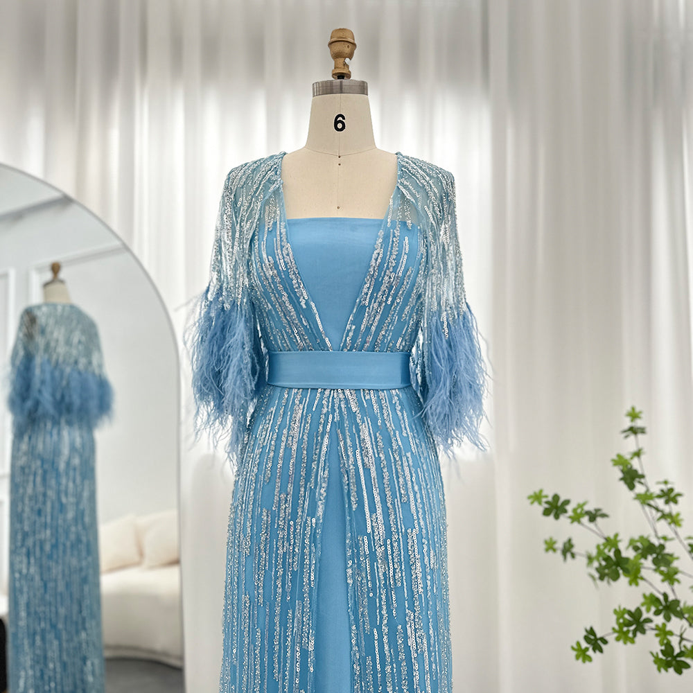 Dreamy Vow Light Yellow Luxury Dubai Feathers Evening Dresses for Women Wedding Party Arabic Purple Formal Prom Gowns 430