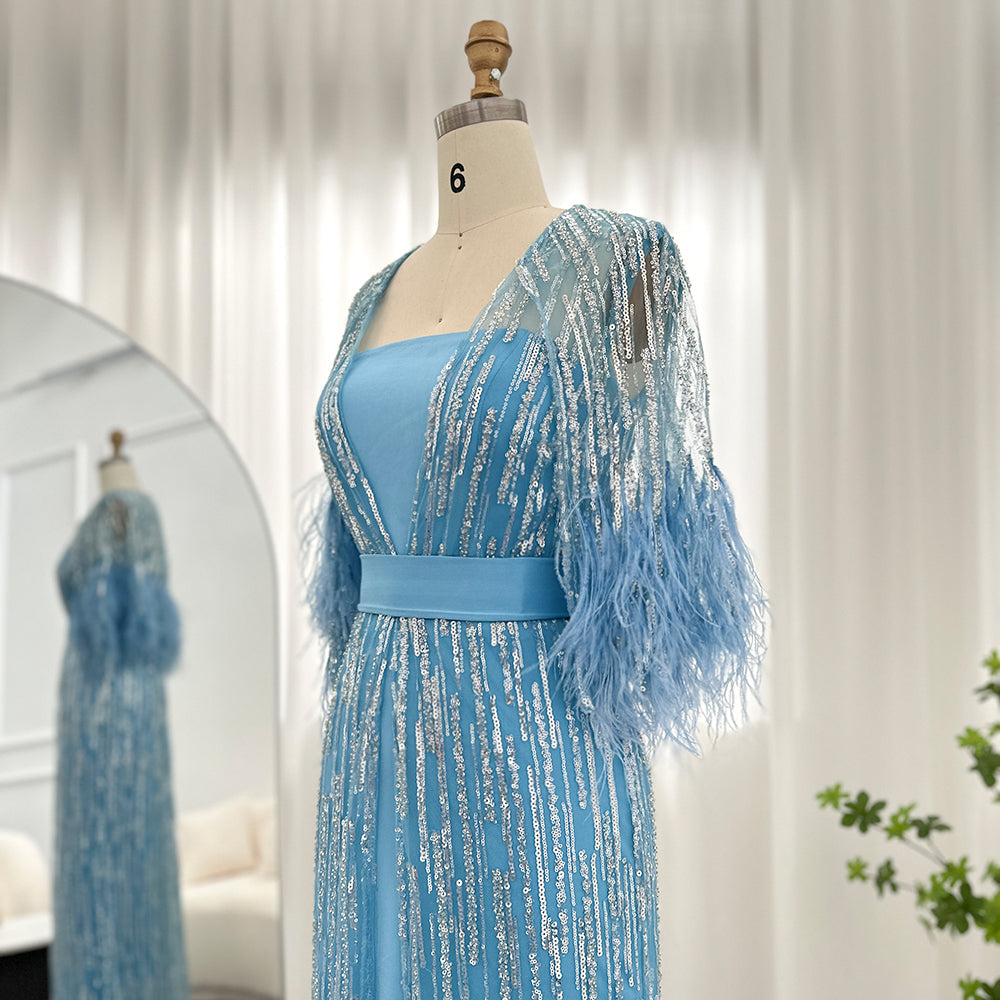 Dreamy Vow Light Yellow Luxury Dubai Feathers Evening Dresses for Women Wedding Party Arabic Purple Formal Prom Gowns 430