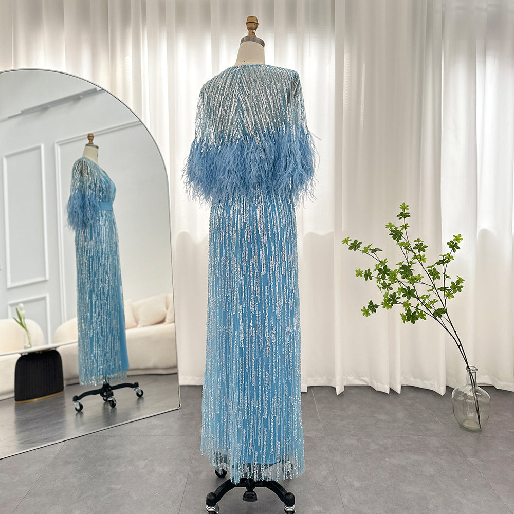 Dreamy Vow Light Yellow Luxury Dubai Feathers Evening Dresses for Women Wedding Party Arabic Purple Formal Prom Gowns 430