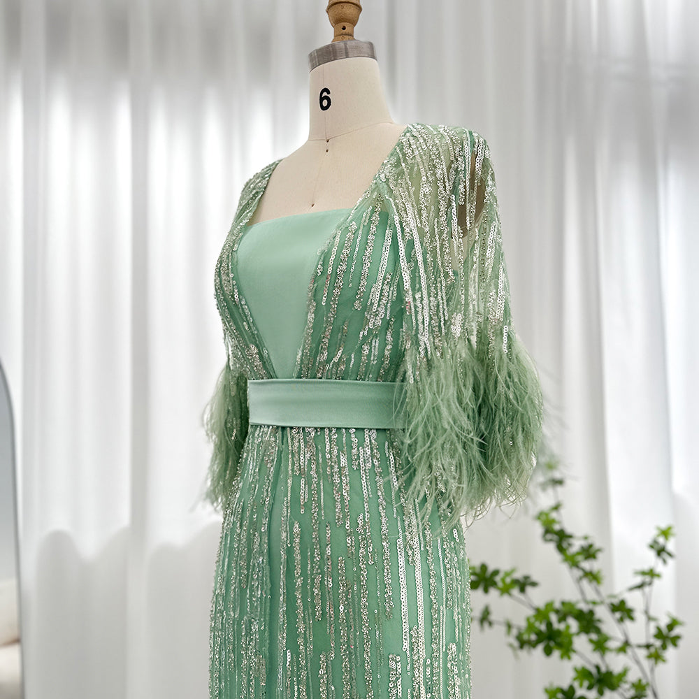 Dreamy Vow Light Yellow Luxury Dubai Feathers Evening Dresses for Women Wedding Party Arabic Purple Formal Prom Gowns 430