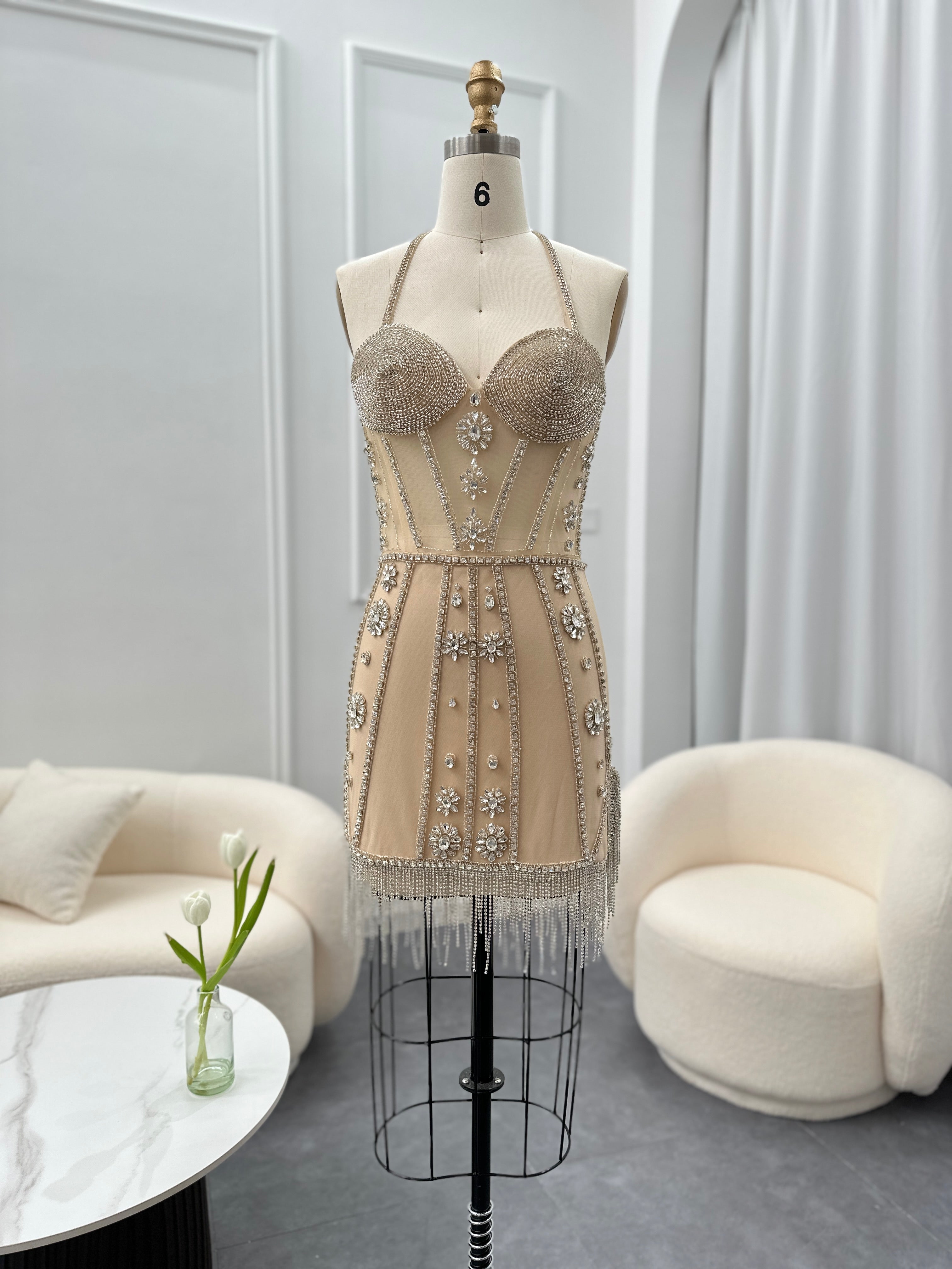Luxury Crystal Tassels Halter Short Cocktail Dress RM114  Nude / US 16