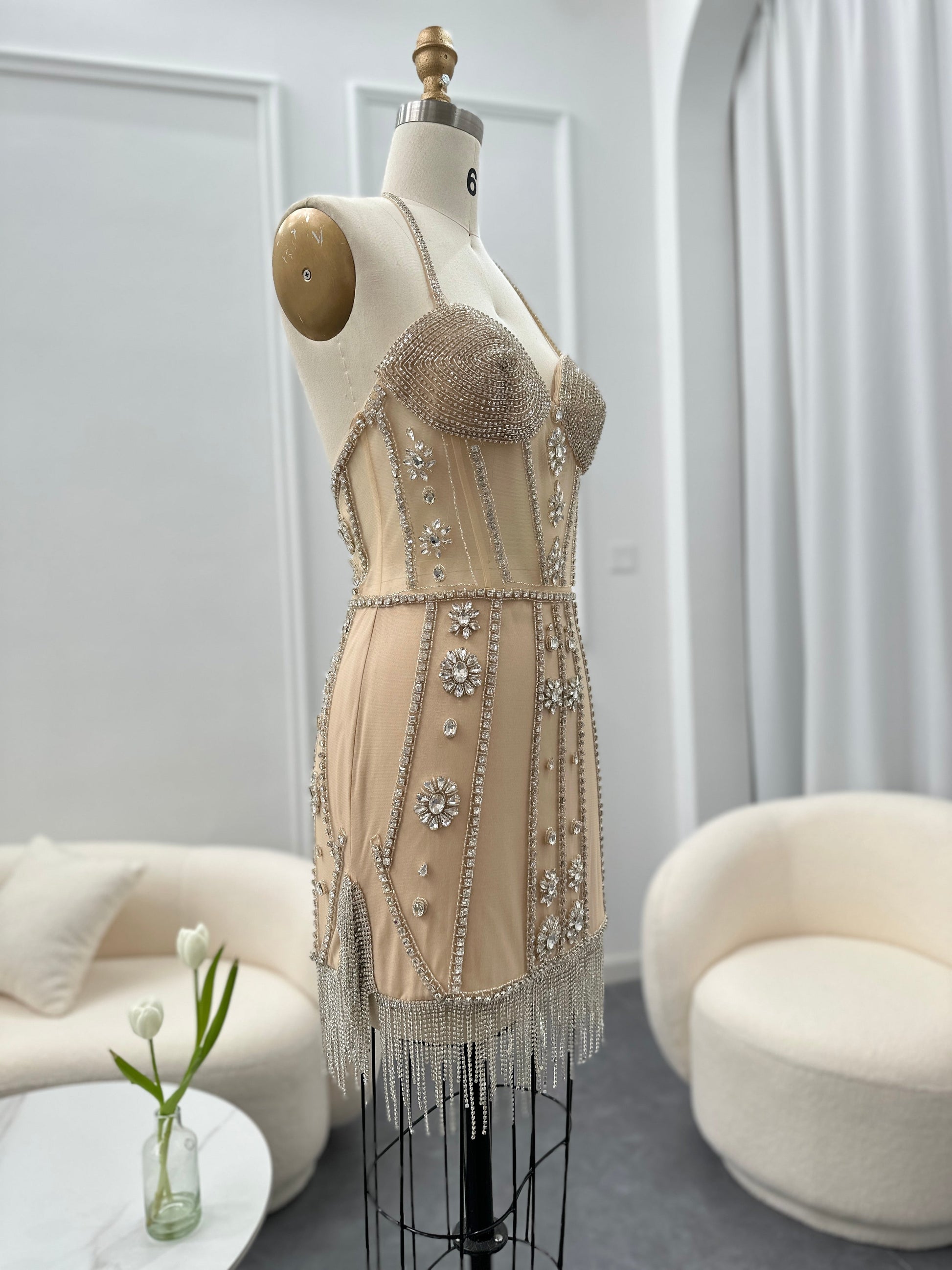Luxury Crystal Tassels Halter Short Cocktail Dress RM114