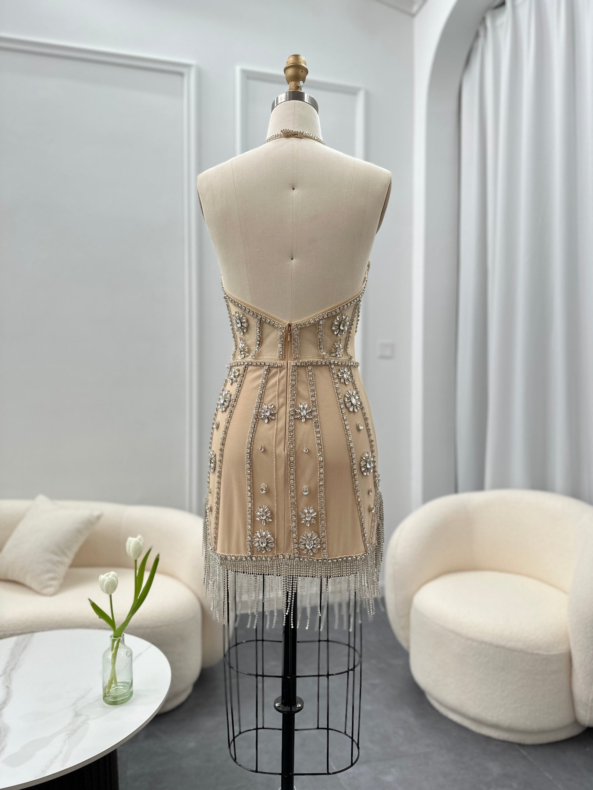 Luxury Crystal Tassels Halter Short Cocktail Dress RM114