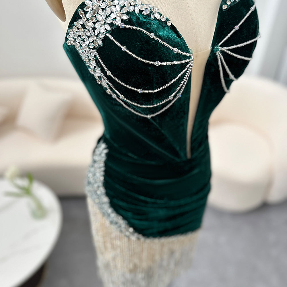 Green Crystal Tassel Velvet Short Cocktail Party Dress RM049