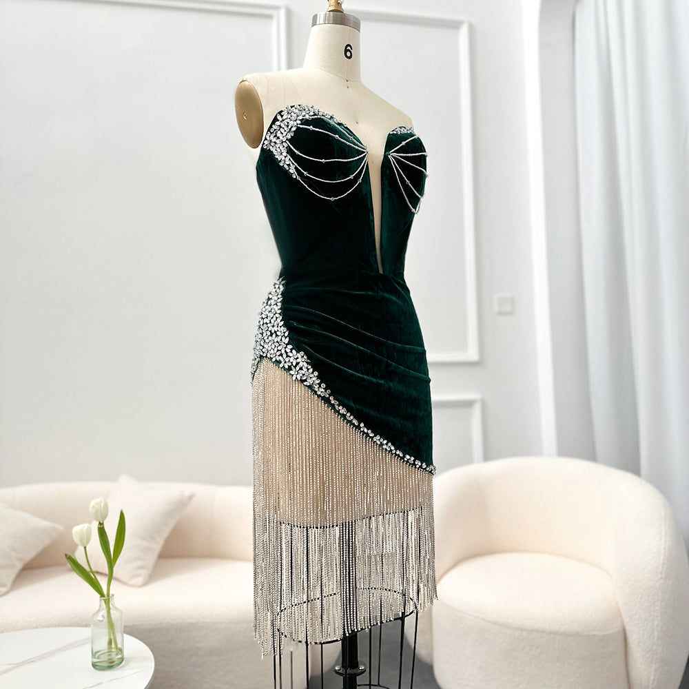 Green Crystal Tassel Velvet Short Cocktail Party Dress RM049