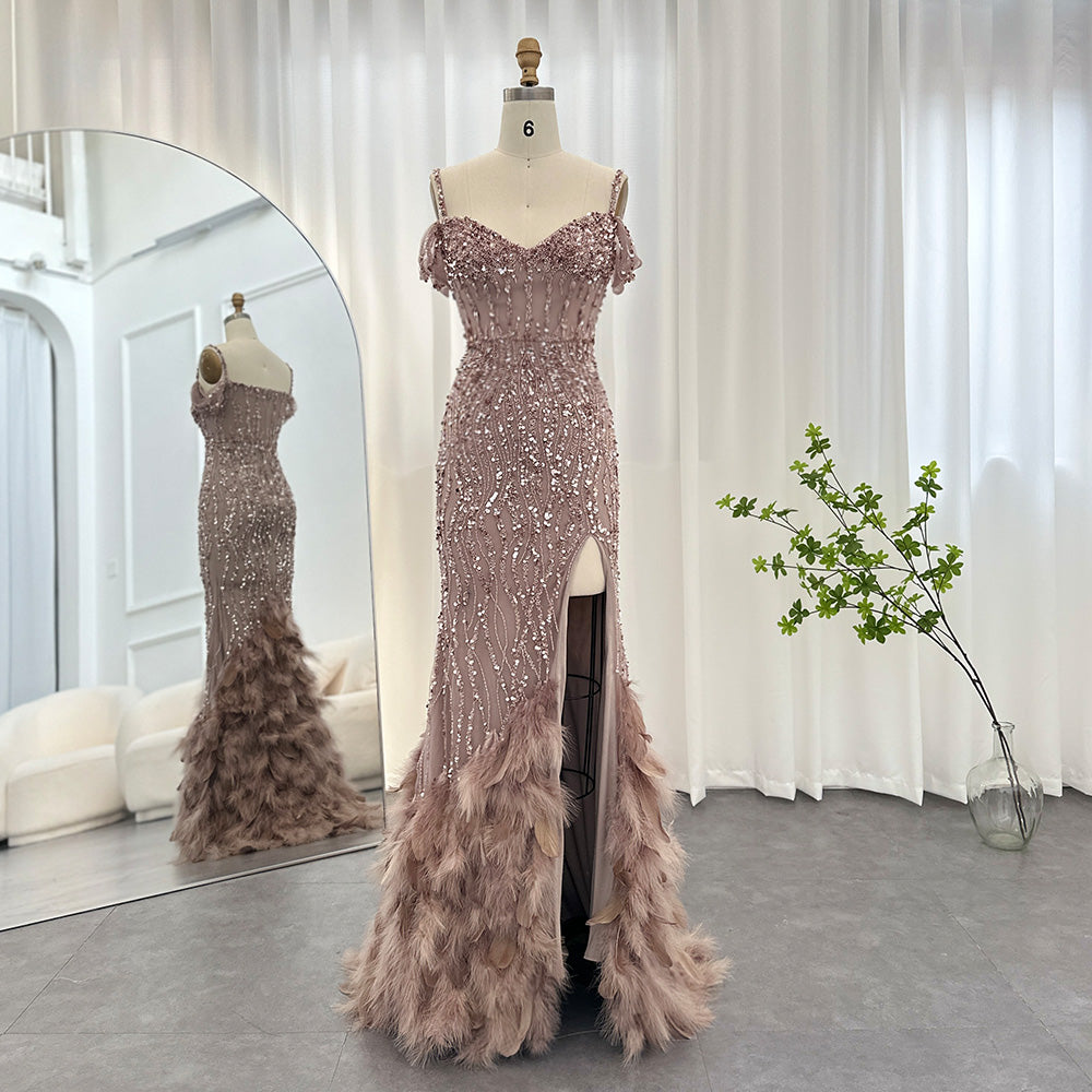 Luxury Pink Feathers Spaghetti Straps  Evening Dress SS169