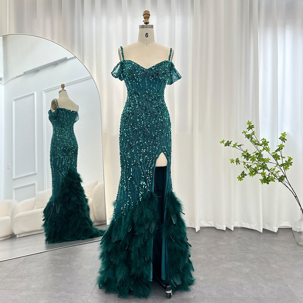 Luxury Pink Feathers Spaghetti Straps  Evening Dress SS169  Green / US 18