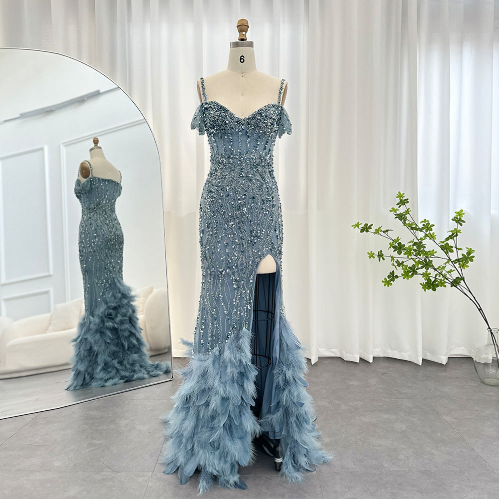 Luxury Pink Feathers Spaghetti Straps  Evening Dress SS169  Blue / US 18