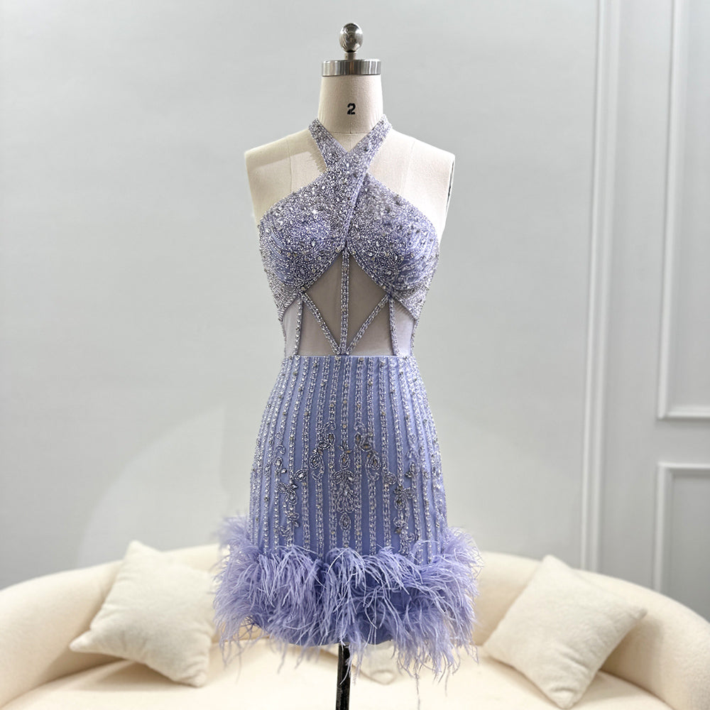 Luxury Feathers Nude Halter Short Cocktail Party Dress SS312  Lilac / US 14