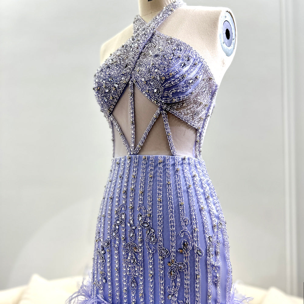 Luxury Feathers Nude Halter Short Cocktail Party Dress SS312