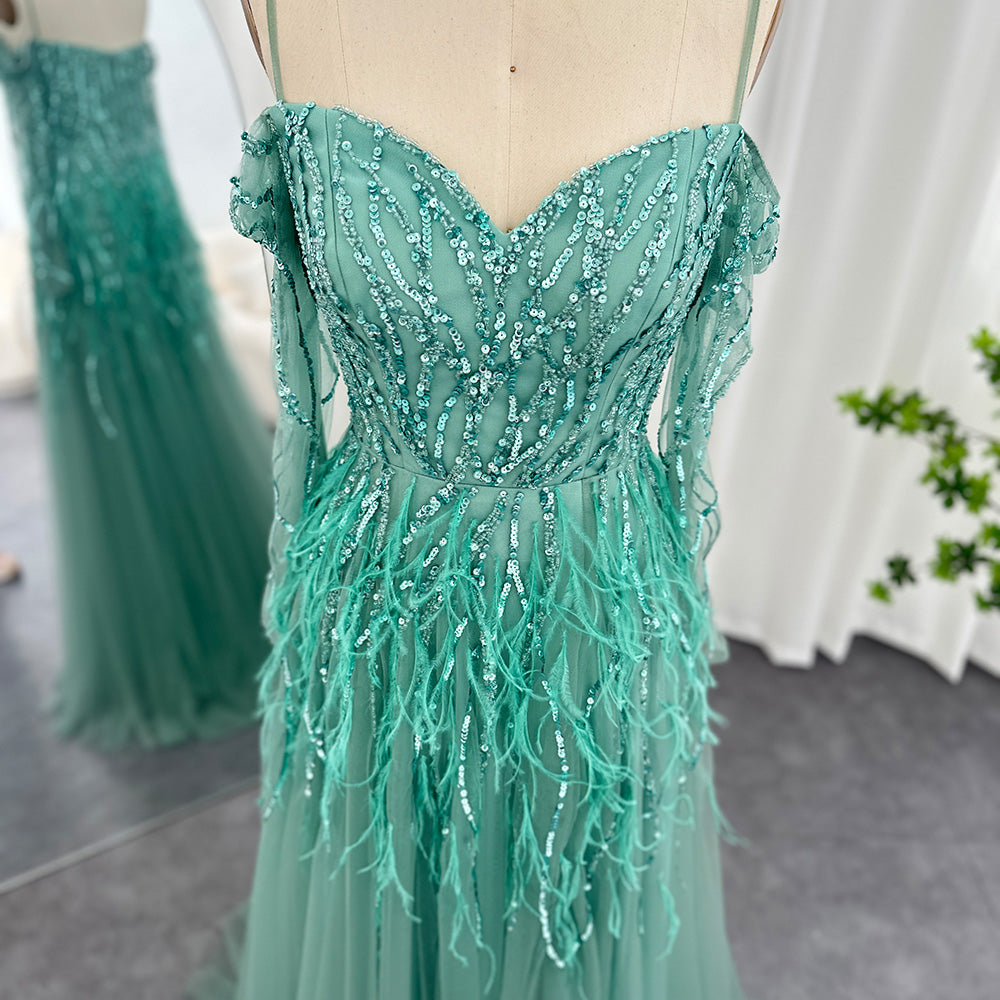 Dreamy Vow Luxury Dubai Feathers Lilac Evening Dresses for Women Wedding Elegant Emerald Green Arabic Formal Party Gowns 351