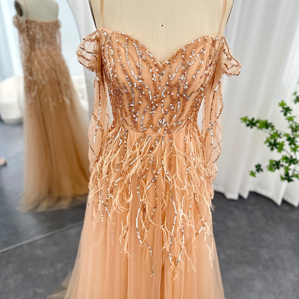 Dreamy Vow Luxury Dubai Feathers Lilac Evening Dresses for Women Wedding Elegant Emerald Green Arabic Formal Party Gowns 351