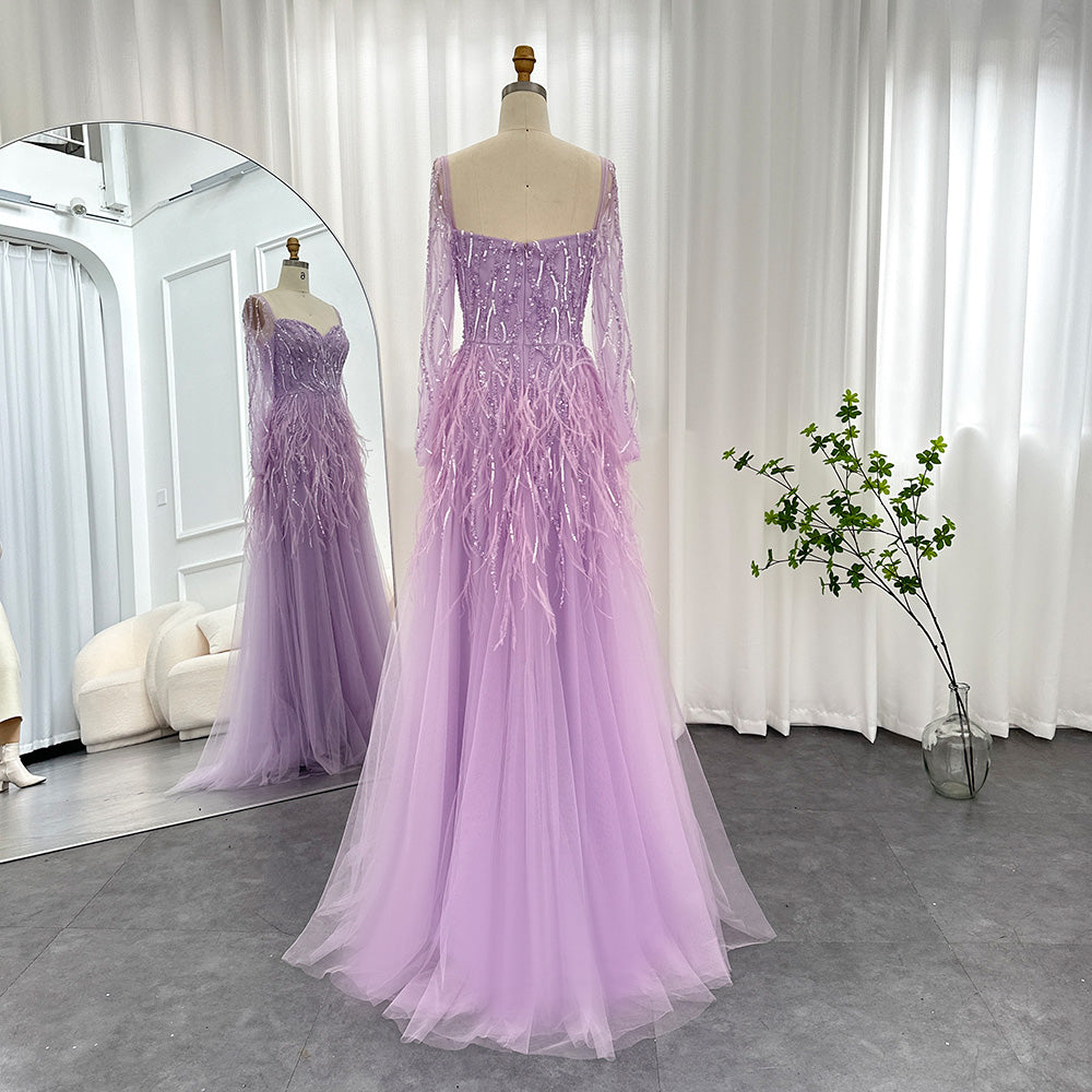 Dreamy Vow Luxury Dubai Feathers Lilac Evening Dresses for Women Wedding Elegant Emerald Green Arabic Formal Party Gowns 351