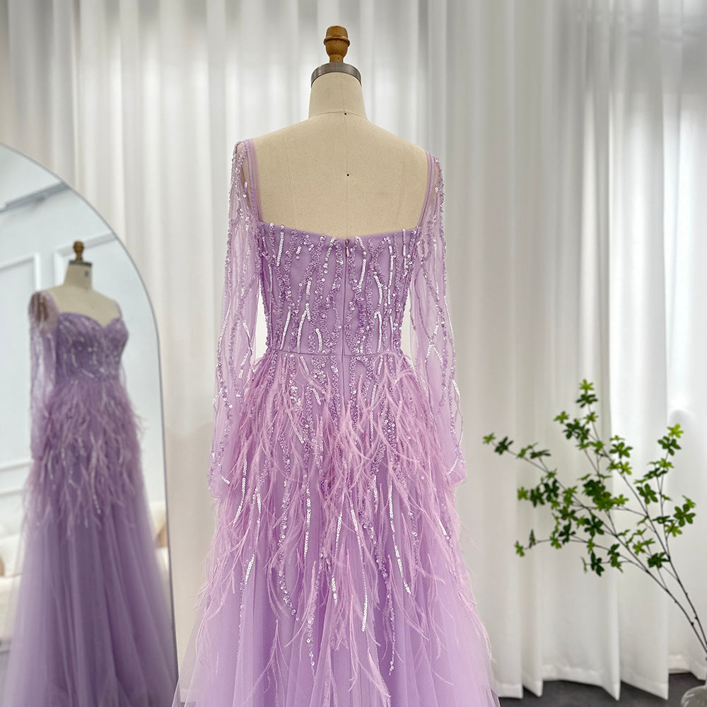 Dreamy Vow Luxury Dubai Feathers Lilac Evening Dresses for Women Wedding Elegant Emerald Green Arabic Formal Party Gowns 351