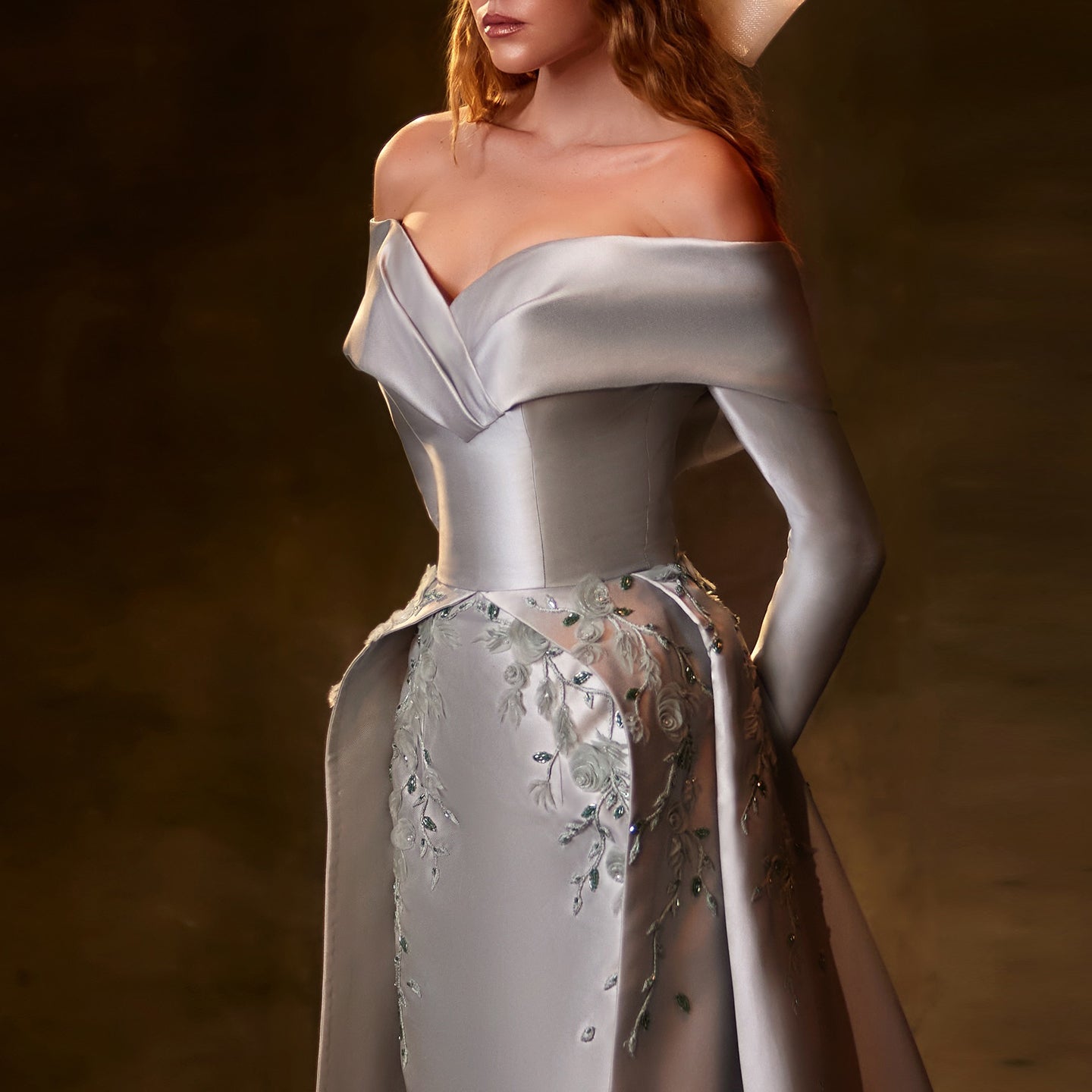 Elegant Gray 3D Flowers Beaded Arabic Evening Dress with Overskirt SS228 