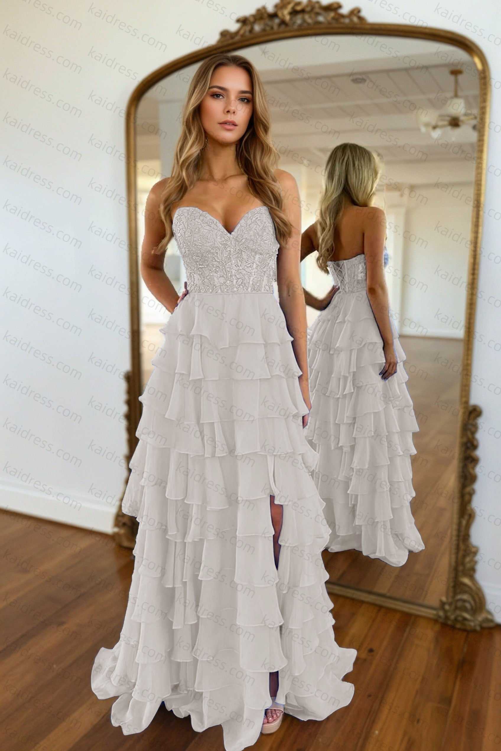 A-line/Princess Chiffon Fuchsia Sweetheart Tiered Ruffles Prom Dress with Slit Applique