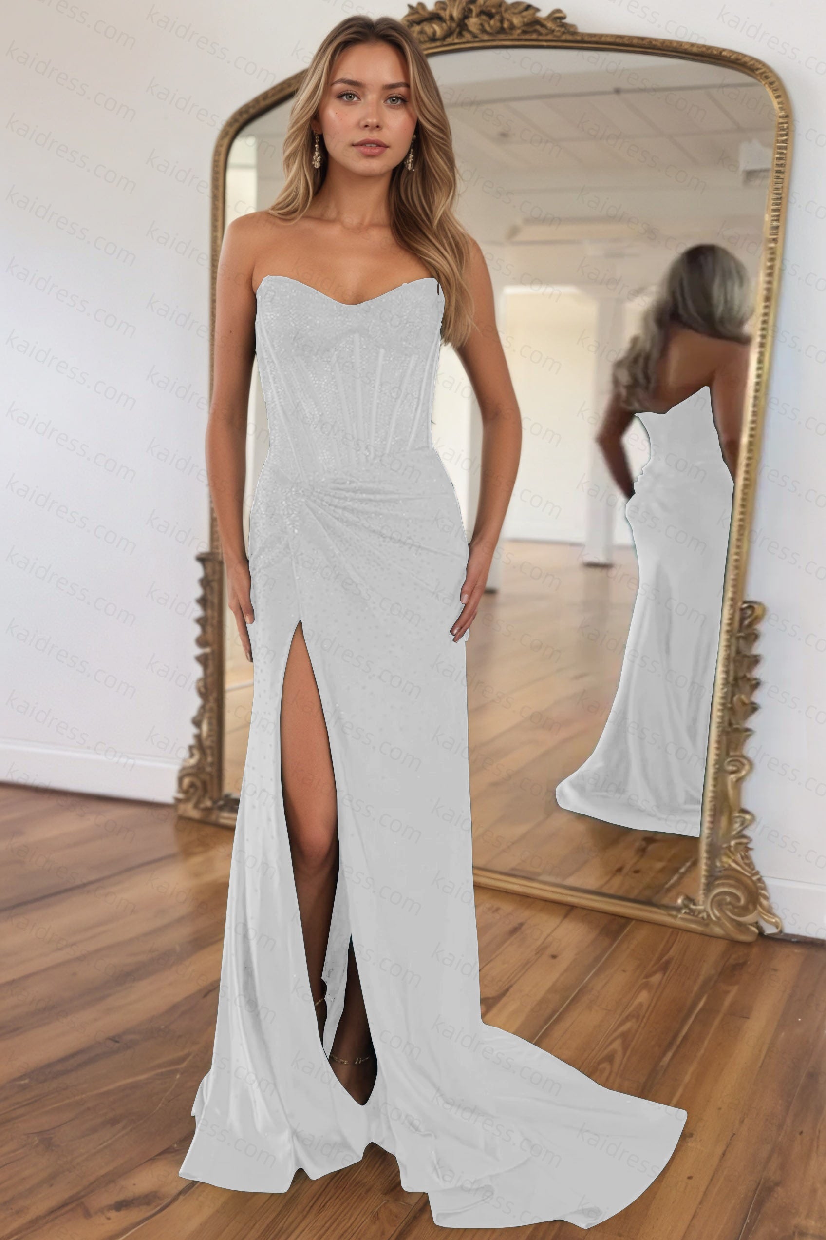 Mermaid Sparkly Golden Sweetheart Beaded Long Corset Prom Dress with Slit