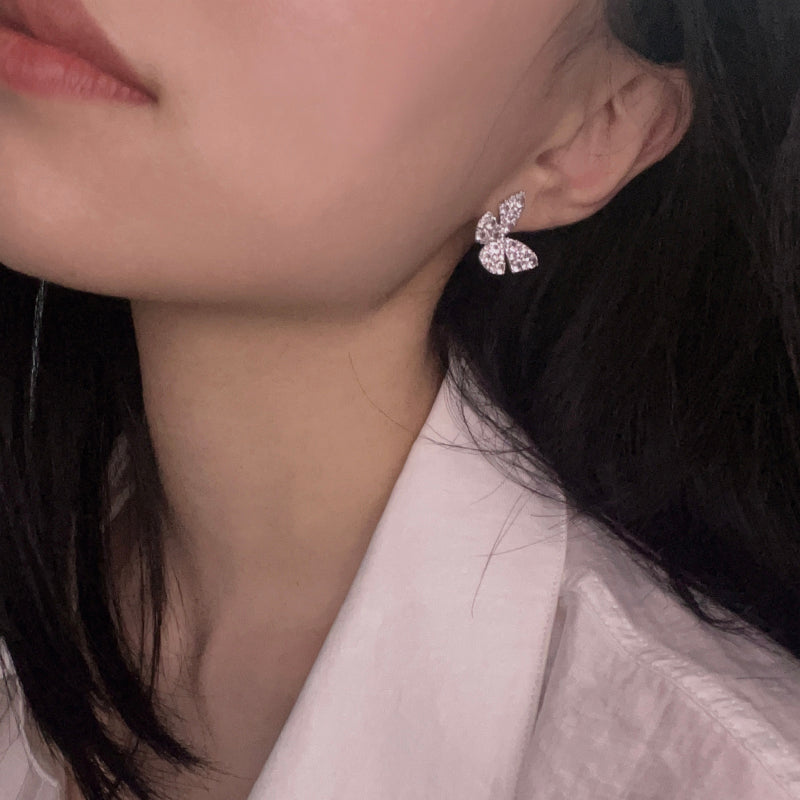 French Niche Sparkling Butterfly Earrings, Elegant and Ethereal, 925 Silver Needle
