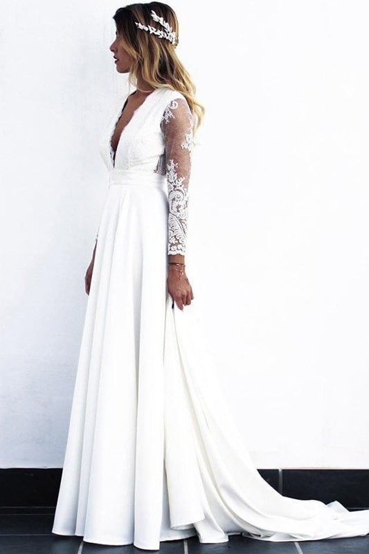 A-Line/Princess Stretch Crepe Lace V-neck Long Sleeves Sweep/Brush Train Wedding Dresses