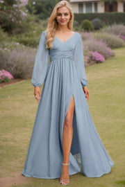 A-Line/Princess Chiffon Ruched V-neck Long Sleeves Floor-Length Bridesmaid Dresses
