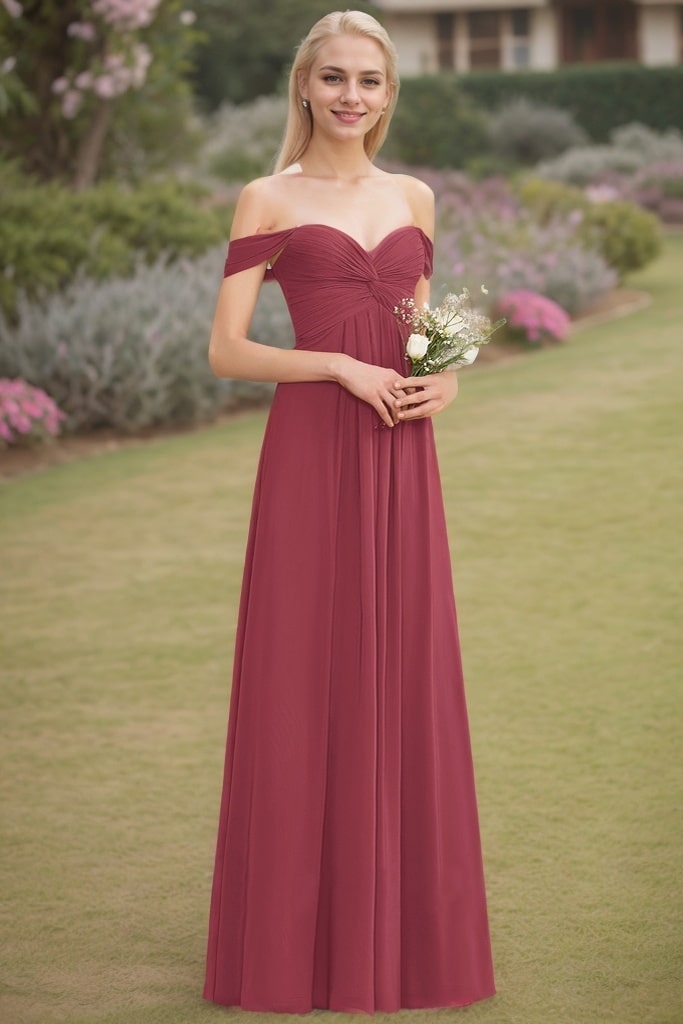 A-Line/Princess Chiffon Ruched Off-The-Shoulder Sleeveless Floor-Length Bridesmaid Dresses