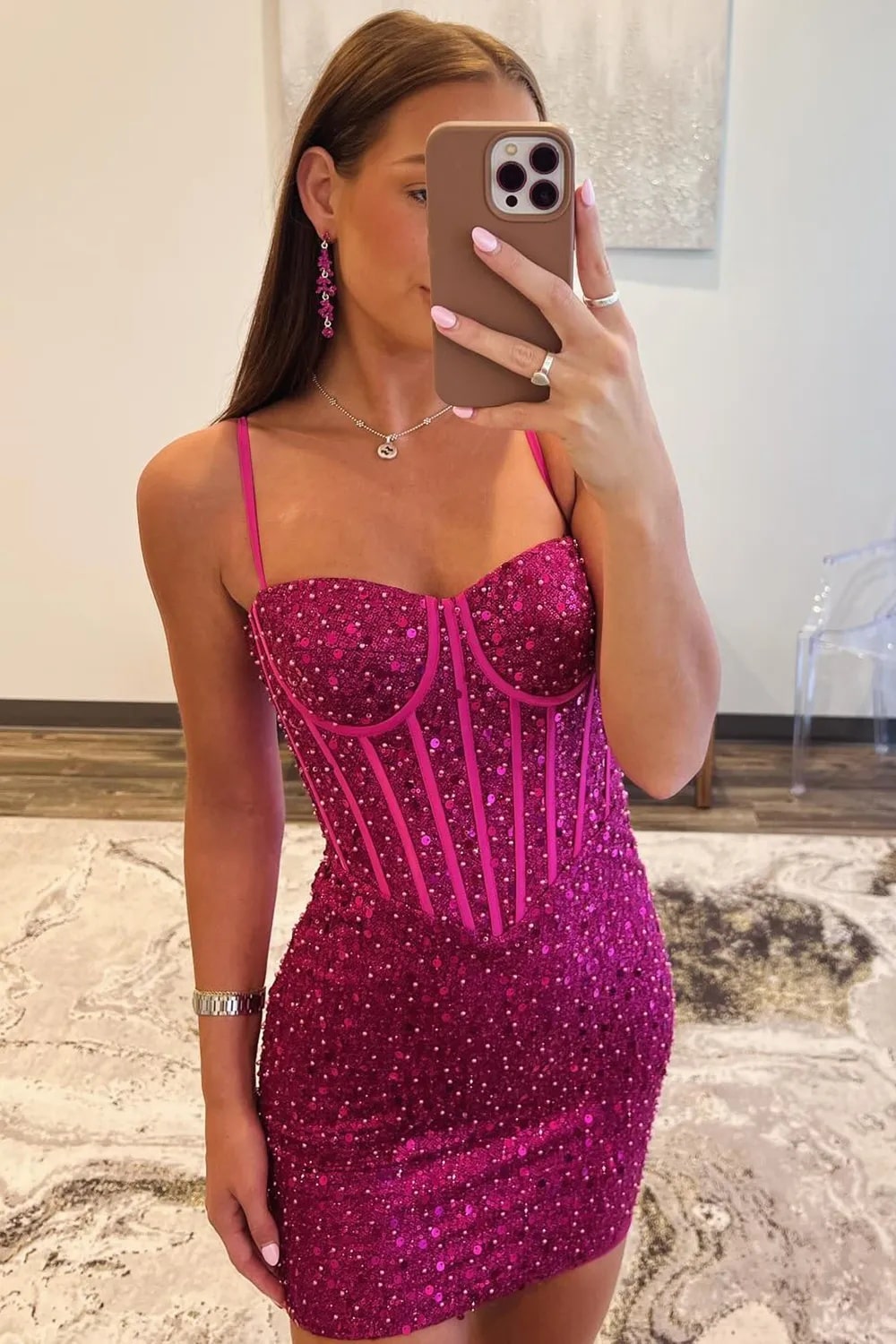 Sparkly Fuchsia Spaghetti Straps Sequins Bodycon Short Corset Homecoming Dress