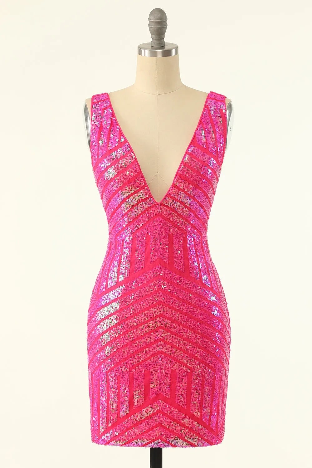 Fuchsia Sequins Dresses V-Neck Tight Homecoming Dress