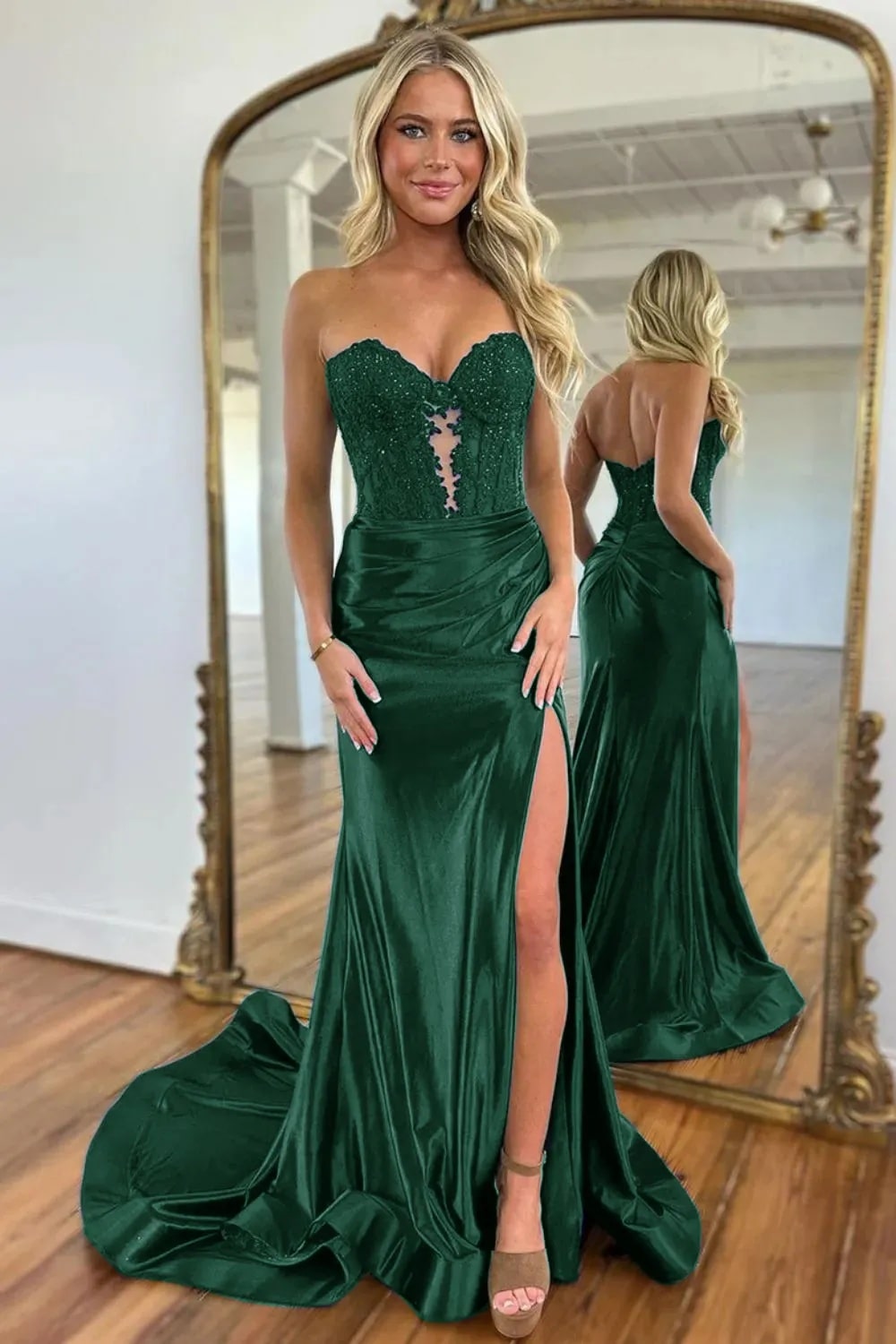 Mermaid  Navy Sweetheart Long Corset Prom Dress with Slit