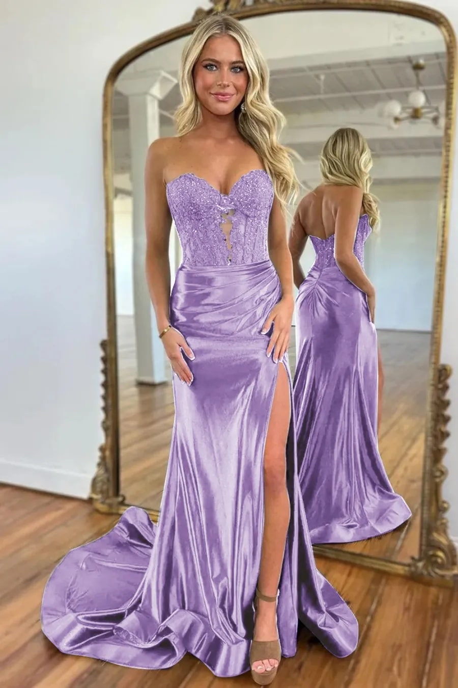 Mermaid  Navy Sweetheart Long Corset Prom Dress with Slit