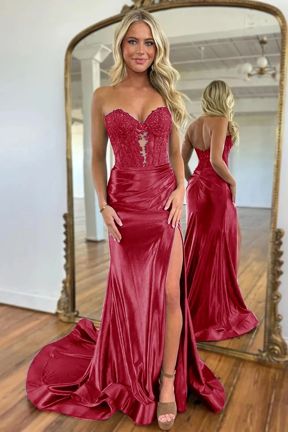 Mermaid  Navy Sweetheart Long Corset Prom Dress with Slit