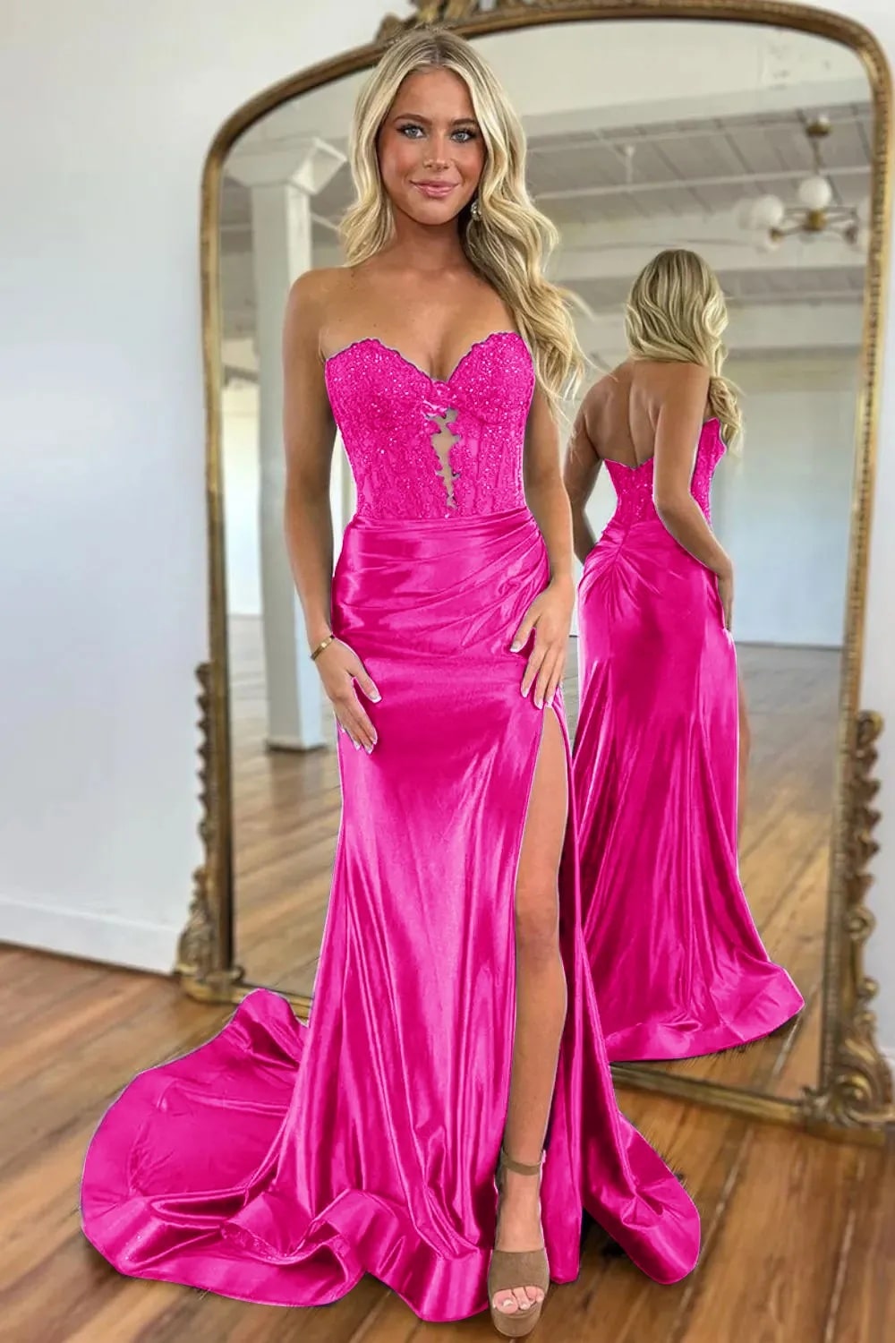 Mermaid  Navy Sweetheart Long Corset Prom Dress with Slit