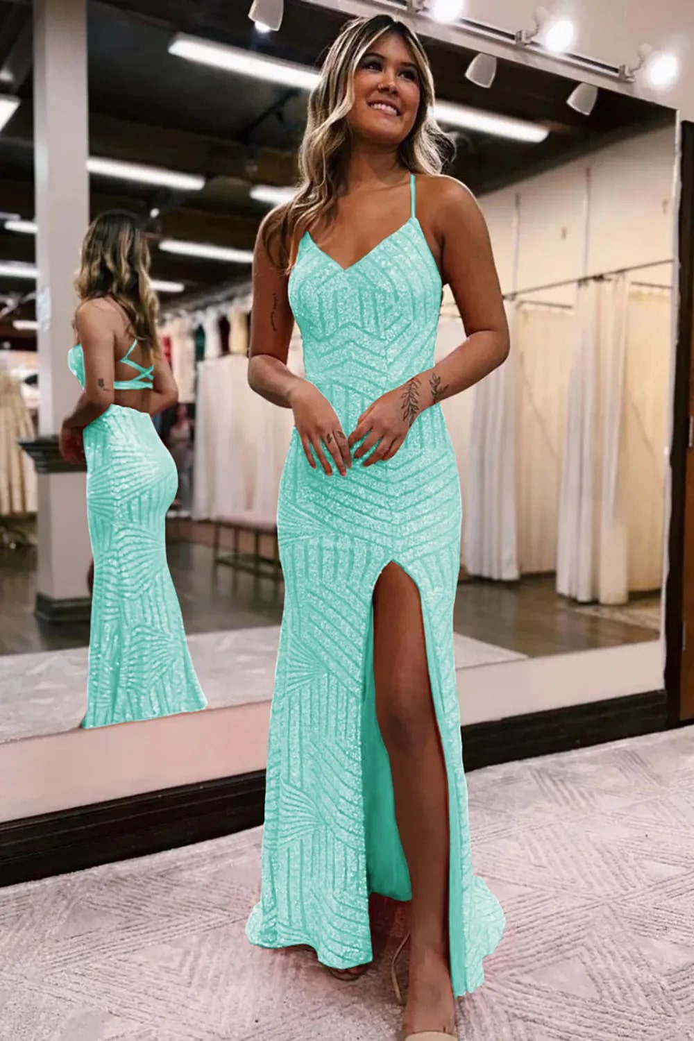 Sheath Spaghetti Straps Orange Sequins Long Prom Dress with Criss Cross Back