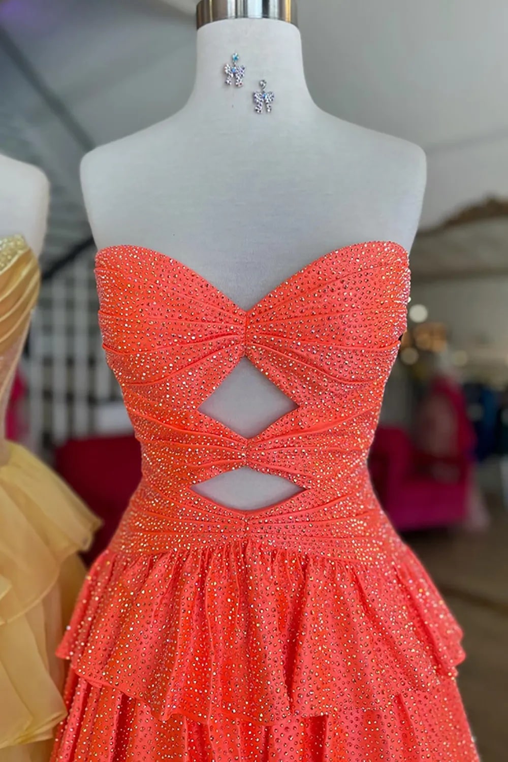 A Line Sparkly Royal Blue Satin Cut Out Tiered Short Homecoming Dress with Beading