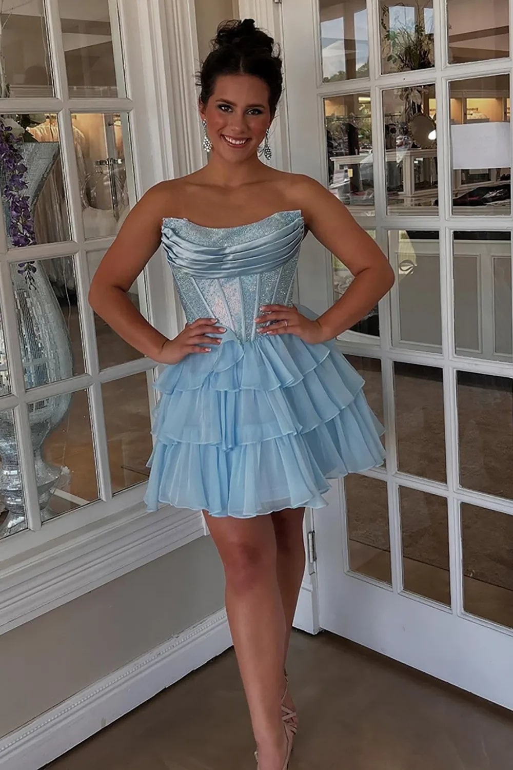 A Line Sparkly Yellow Strapless Beaded Short Corset Homecoming Dress with Ruffles