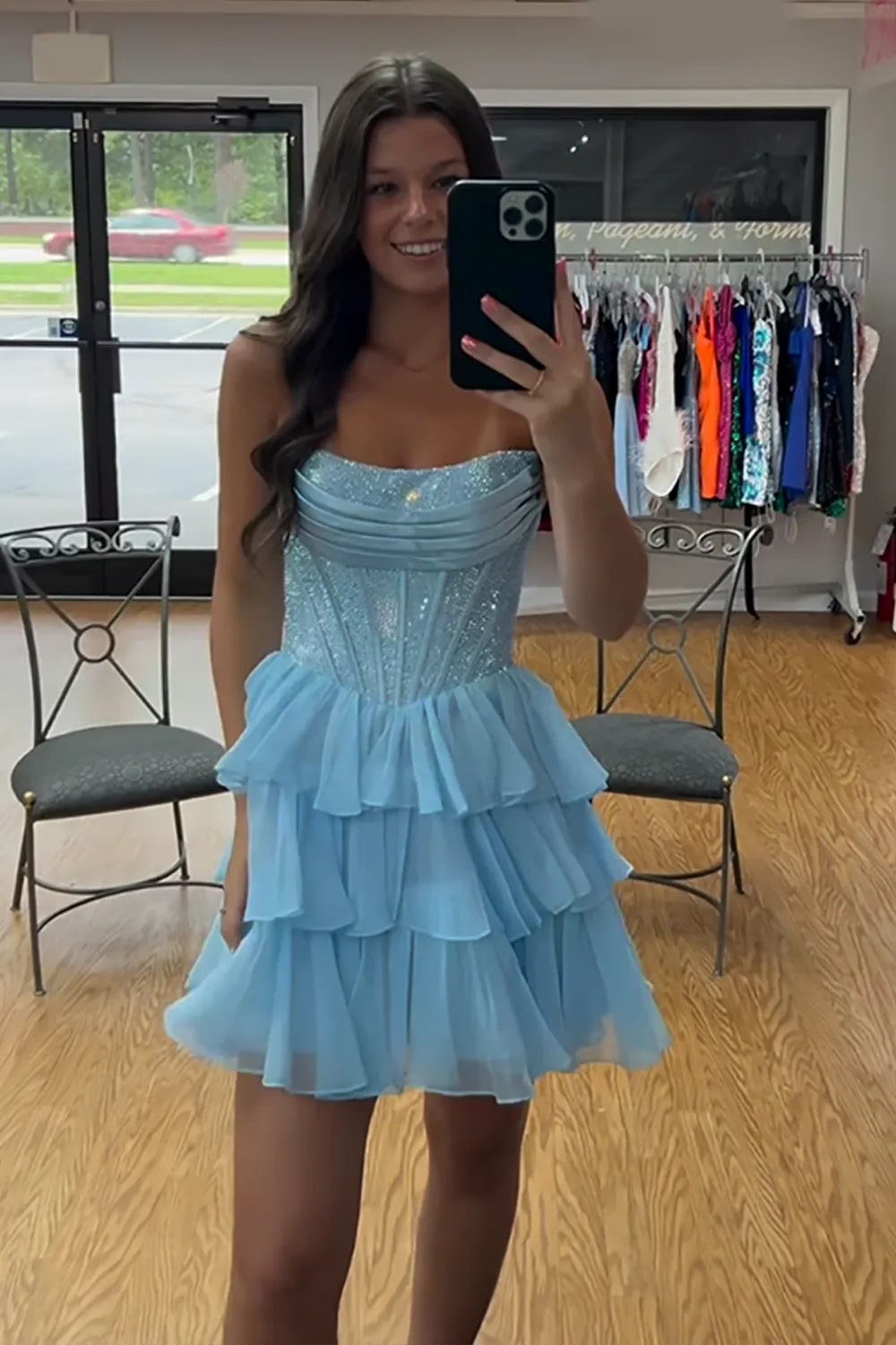 A Line Sparkly Yellow Strapless Beaded Short Corset Homecoming Dress with Ruffles