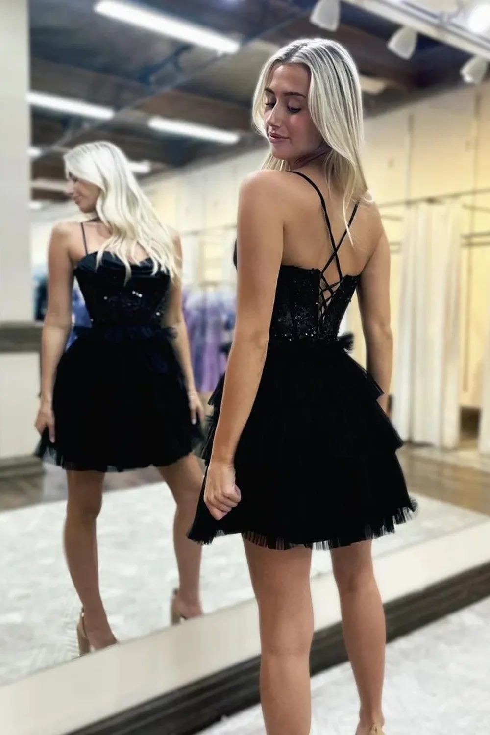 A-Line Black Spaghetti Straps Tulle Tiered Corset Homecoming Dress