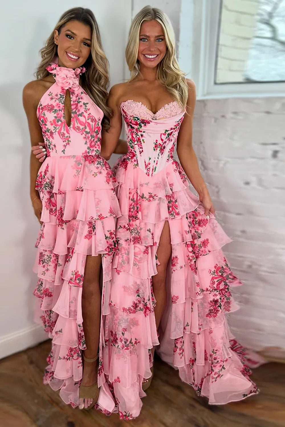 A-Line/Princess Floral Blush Tiered Chiffon Long Corset Prom Dress with Slit