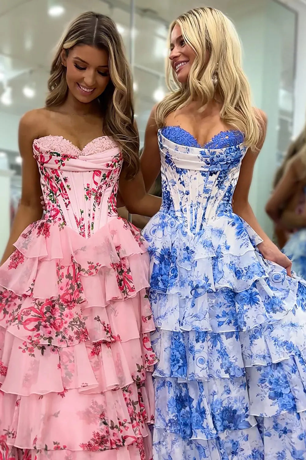 A-Line/Princess Floral Blush Tiered Chiffon Long Corset Prom Dress with Slit