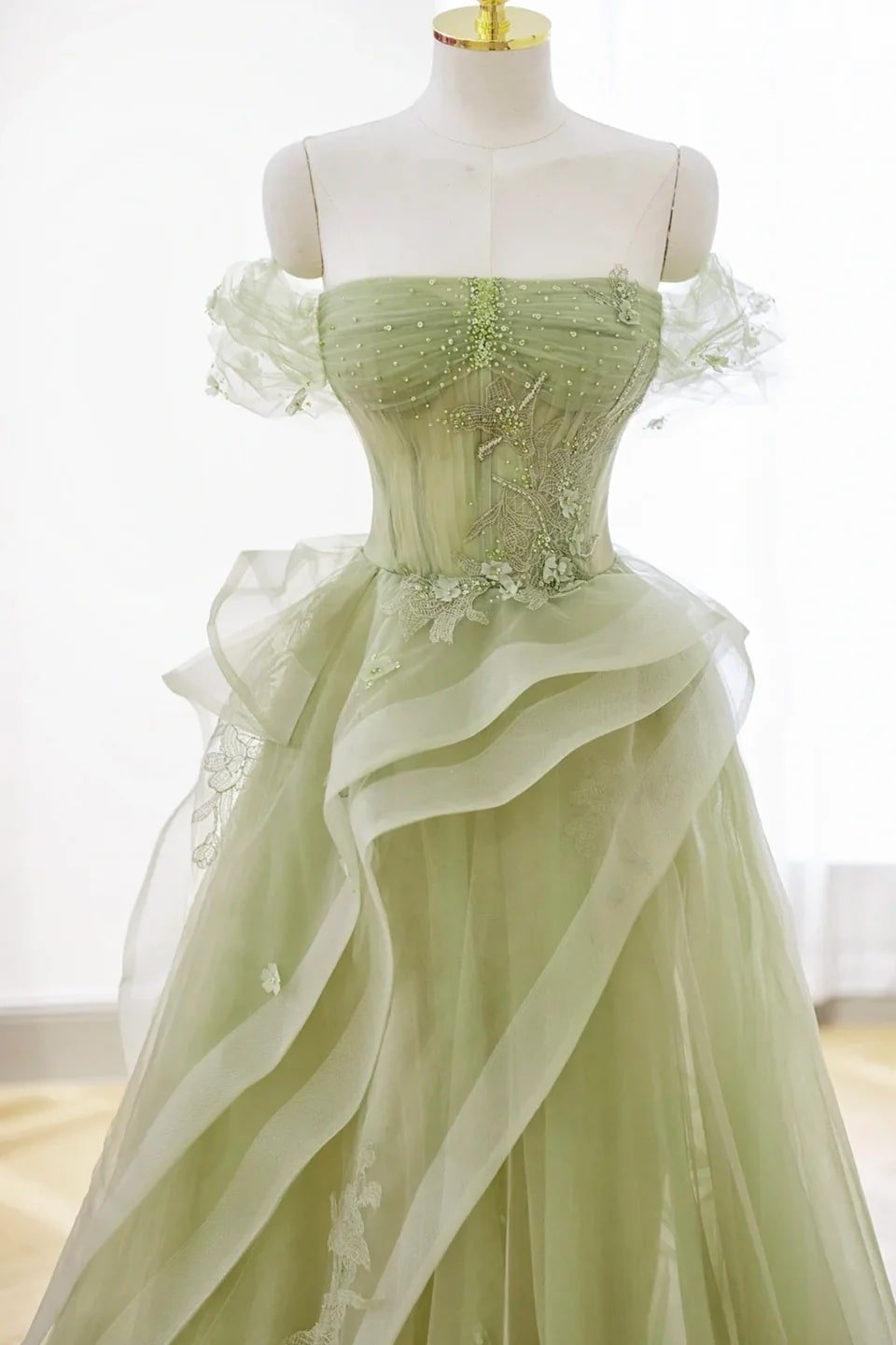 A-Line/Princess Green Tulle Long Floor Length Prom Dress Lace Evening Dress