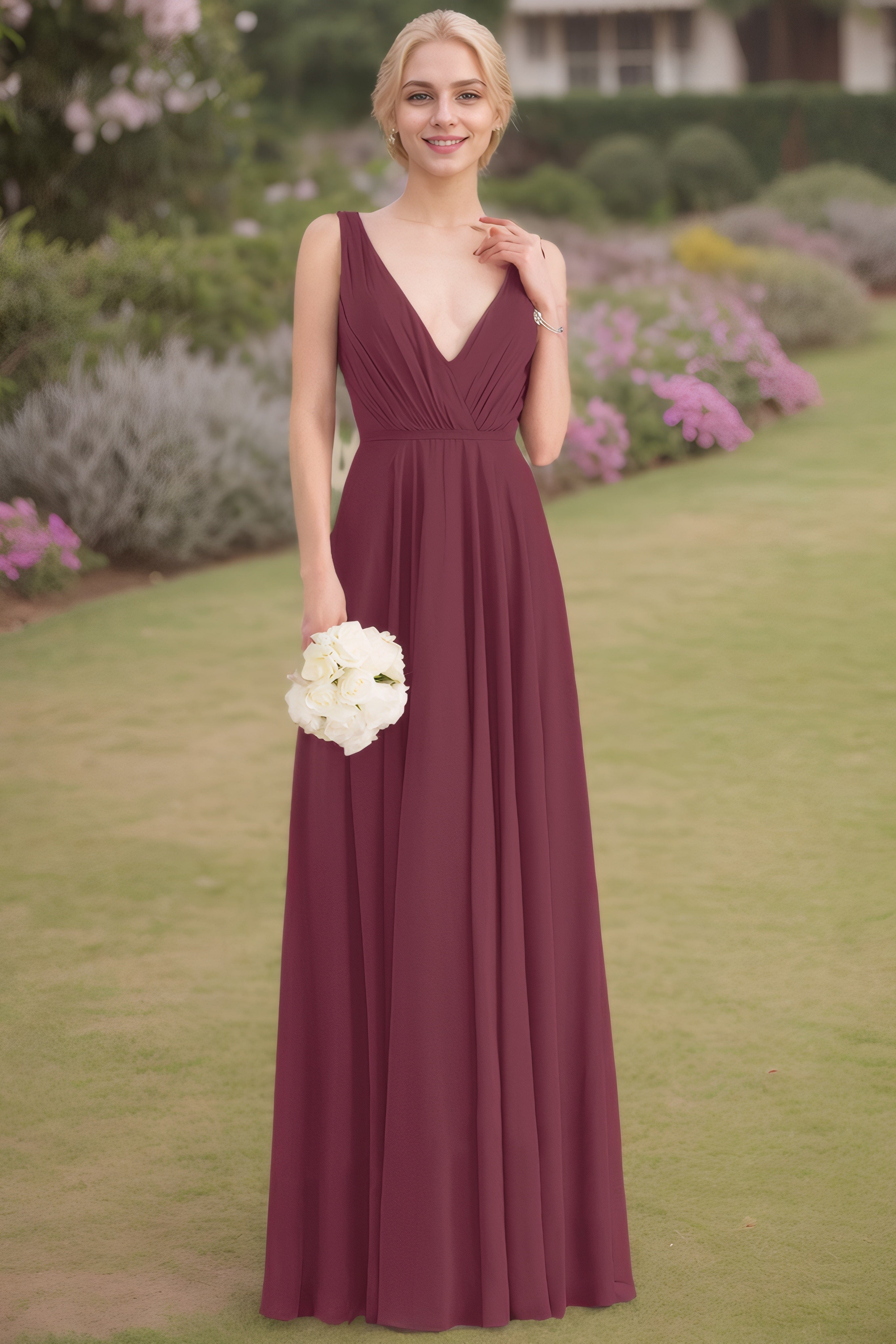 A-Line/Princess V-neck Sleeveless Ruched Floor-Length Chiffon Bridesmaid Dresses