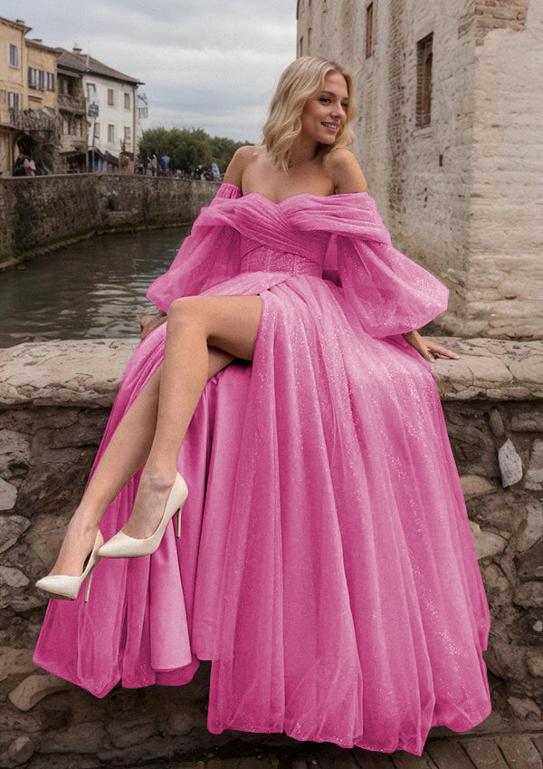 A-Line/Princess Tulle Ruched Off-the-Shoulder Long Sleeves Sweep/Brush Train Dresses