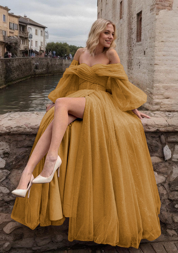 A-Line/Princess Tulle Ruched Off-the-Shoulder Long Sleeves Sweep/Brush Train Dresses