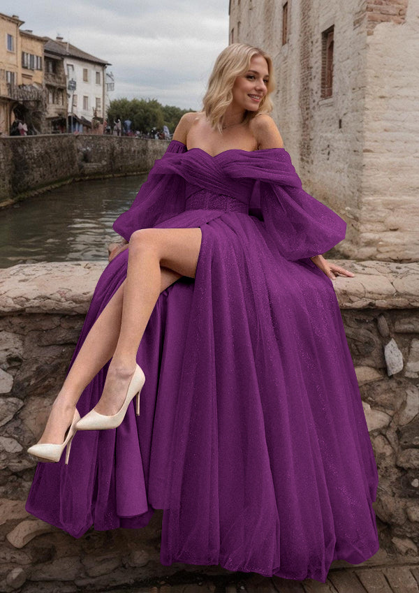 A-Line/Princess Tulle Ruched Off-the-Shoulder Long Sleeves Sweep/Brush Train Dresses