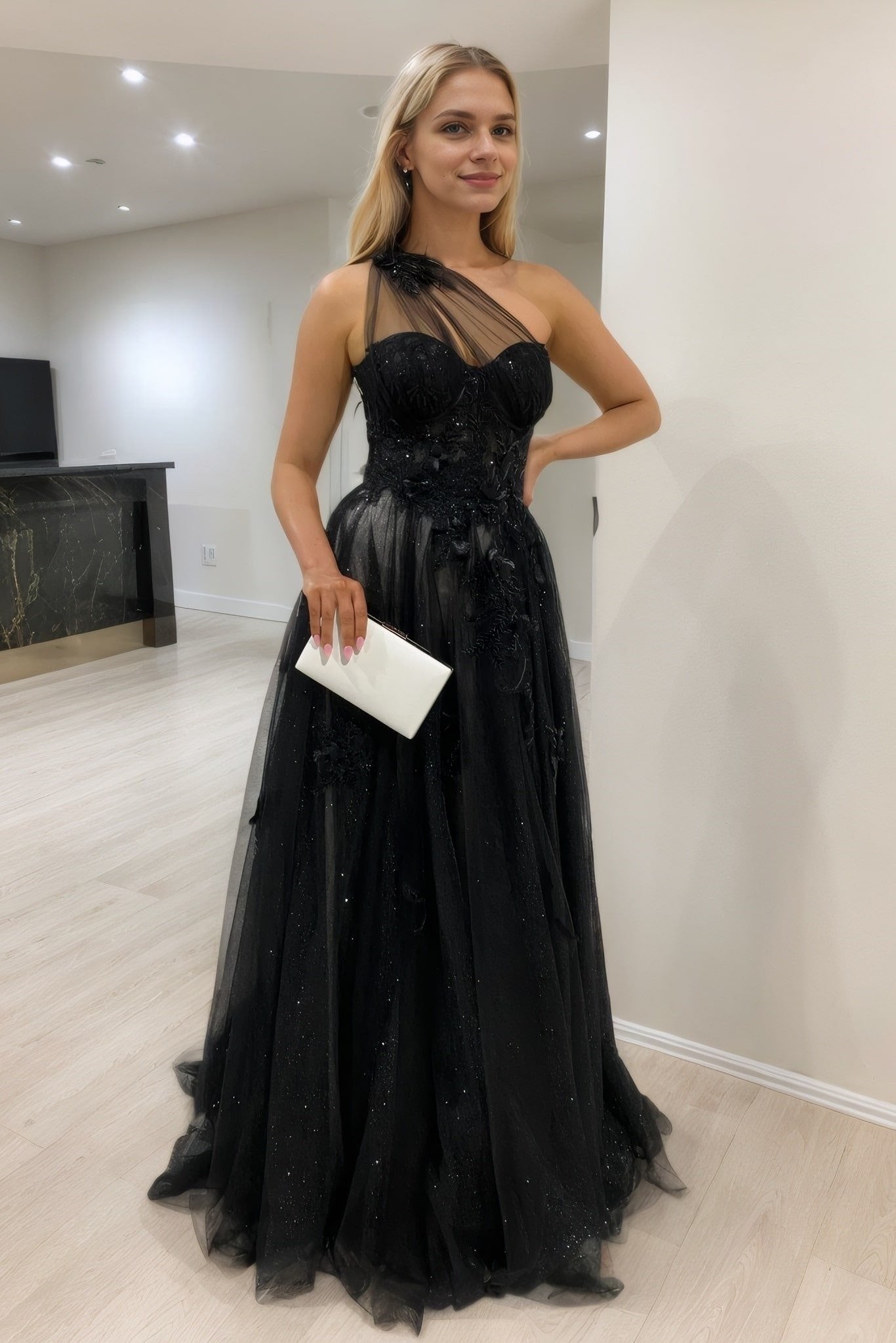 A-line One-Shoulder Sleeveless Long/Floor-Length Tulle Prom Dresses with Appliqued Split