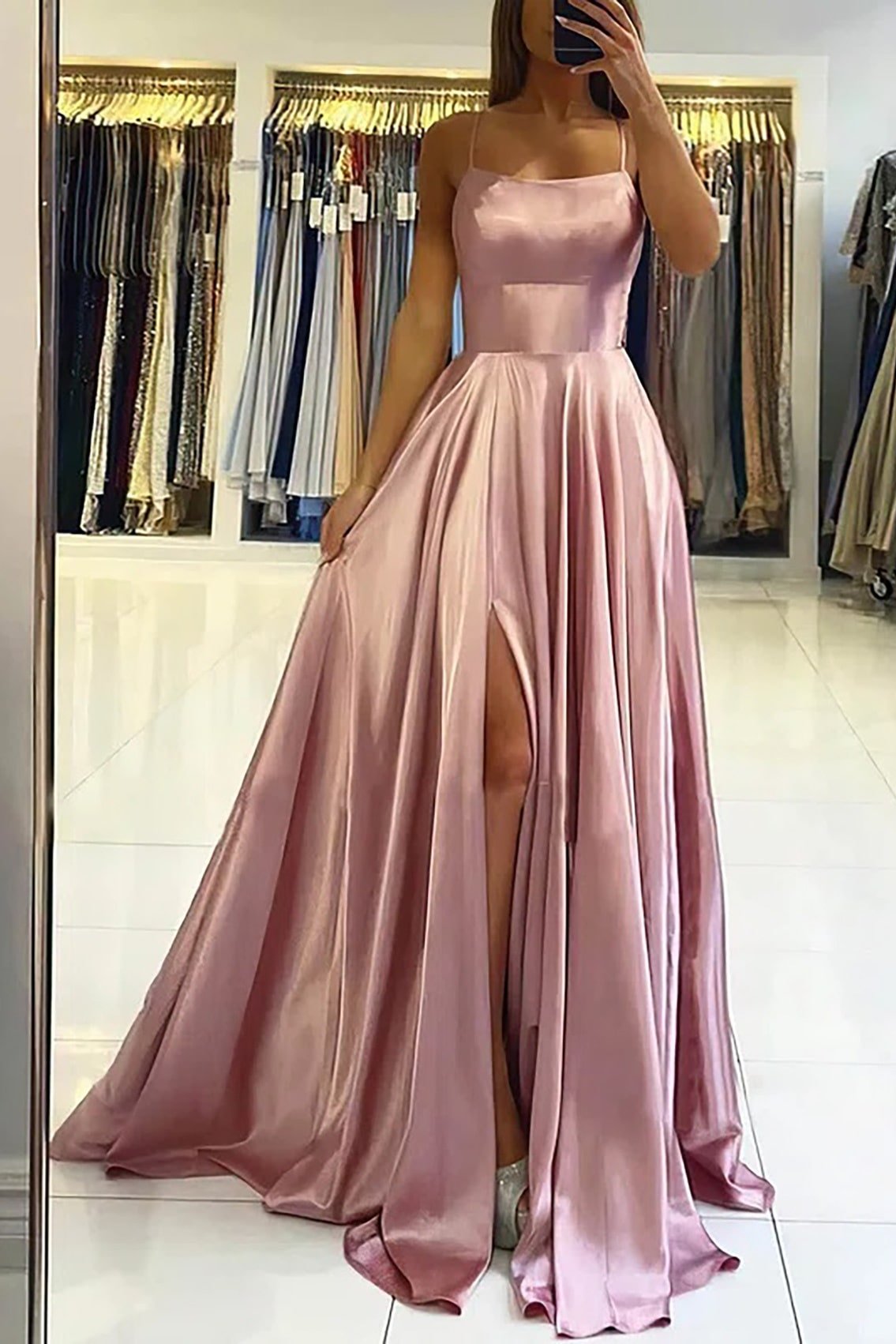 A-line Bateau Spaghetti Straps Sweep Train Charmeuse Prom Dress With Split